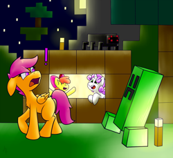 Size: 1200x1100 | Tagged: safe, artist:solipsus, apple bloom, scootaloo, sweetie belle, spider, creeper, crossover, cutie mark crusaders, exclamation point, minecraft