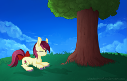 Size: 1023x655 | Tagged: safe, artist:shadowh00f, roseluck, bow, prone, solo, tail bow, tree, wink