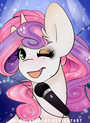 Size: 880x1200 | Tagged: safe, artist:chocolateponi, sweetie belle, singing, solo, wink