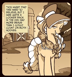 Size: 637x678 | Tagged: safe, artist:tonyfleecs, idw, granny smith, spoiler:comic, spoiler:comicff9, bedroom eyes, bonnet, grin, looking at you, sepia, smiling, young granny smith, younger