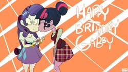 Size: 1280x720 | Tagged: safe, artist:rodscorpion, rarity, sci-twi, twilight sparkle, equestria girls, friendship games, clothes, female, happy birthday, kissing, lesbian, rarilight, sci-rarilight, shipping, skirt