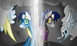 Size: 2500x1484 | Tagged: safe, artist:pancake-ss, derpibooru import, soarin', duality, shadowbolts