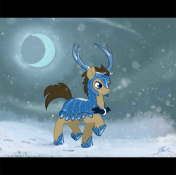 Size: 909x900 | Tagged: safe, artist:caycowa, doctor whooves, antlers, armor, blizzard, crescent moon, new lunar republic, snow, snowfall, solo