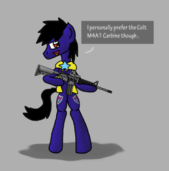 Size: 1778x1797 | Tagged: safe, artist:jrapcdaikari, oc, oc only, oc:paladin colt, caption, dialogue, gun, m4a1, royal guard