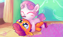 Size: 1920x1136 | Tagged: safe, artist:halem1991, scootaloo, sweetie belle, blushing, cute, cutealoo, diasweetes, eyelashes, eyes closed, filly, frown, halem1991 is trying to murder us, hnnng, lipstick, makeup, misleading thumbnail, mouth hold, on back, smiling, weapons-grade cute, younger