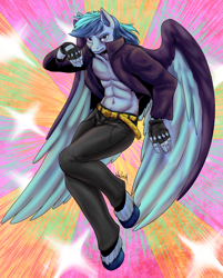 Size: 2277x2829 | Tagged: safe, artist:aphexangel, oc, oc:umami stale, anthro, pegasus, unguligrade anthro, anthro oc, bare chest, clothes, crossover, jojo's bizarre adventure, topless