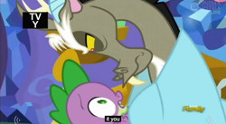 Size: 851x467 | Tagged: safe, screencap, discord, spike, dragon, make new friends but keep discord, discovery family logo, i need an adult, meme, youtube caption