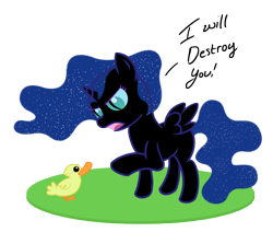 Size: 2735x2324 | Tagged: safe, artist:iraincloud, nightmare moon, alicorn, duck, pony, cute, filly, frown, glare, missing accessory, nightmare woon, open mouth, pointing, simple background, solo, transparent background, vector