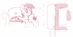 Size: 2516x1283 | Tagged: artist needed, safe, roseluck, cute, drink, monochrome, prone, sofa, solo, straw, television