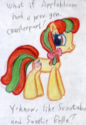 Size: 1577x2275 | Tagged: safe, artist:colossalstinker, apple bloom, g3.5, g4 to g3.5, generation leap, solo, text, traditional art