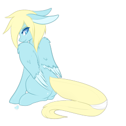 Size: 1200x1200 | Tagged: safe, artist:lodidah, oc, oc only, pegasus, pony, adoptable, blank flank, colored pupils, female, floppy ears, freckles, looking at you, looking back, looking back at you, mare, simple background, sitting, solo, transparent background, wing fluff