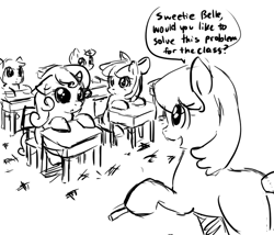 Size: 700x600 | Tagged: safe, artist:chinad011, apple bloom, cheerilee, sweetie belle, cute, diasweetes, missing cutie mark, monochrome, sad, school, sketch, sweetiedumb