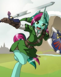 Size: 1200x1500 | Tagged: safe, artist:brillen-schlange, oc, oc only, anthro, unicorn, breasts, clothes, cosplay, female, gloves, hat, hylian shield, hyrule field, link, looking at you, master sword, running, solo, sword, the legend of zelda, tunic, weapon