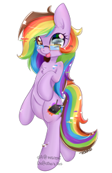 Size: 1299x2000 | Tagged: safe, artist:mrsremi, oc, oc only, oc:rainbow screen, pony, bipedal, multicolored hair, rainbow hair, solo, tongue out