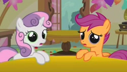 Size: 1920x1080 | Tagged: safe, screencap, scootaloo, sweetie belle, reaction image, sad, stare, staring into your soul, upset, why, why would you post that