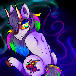 Size: 500x500 | Tagged: safe, artist:bingk, grin, looking at you, ponified, sitting, solo, the legend of zelda, the legend of zelda: majora's mask