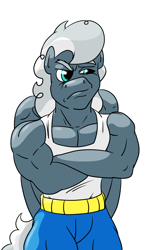 Size: 2550x4180 | Tagged: safe, artist:ruckforderungreich, silver lining, silver zoom, anthro, grumpy, muscles, solo, wonderbolts, workout outfit