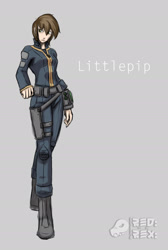 Size: 1195x1773 | Tagged: safe, artist:ganzerul, oc, oc only, oc:littlepip, human, fallout equestria, clothes, fanfic, fanfic art, female, gray background, humanized, jumpsuit, light skin, pipboy, pipbuck, simple background, solo, text, vault suit