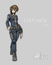 Size: 1195x1501 | Tagged: safe, artist:ganzerul, edit, oc, oc only, oc:littlepip, human, fallout equestria, clothes, fanfic, fanfic art, female, gray background, humanized, jumpsuit, light skin, pipboy, pipbuck, simple background, solo, text, vault suit