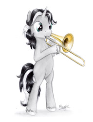 Size: 691x903 | Tagged: safe, artist:magfen, oc, oc only, oc:minor sax, pony, bipedal, solo, traditional art, trombone