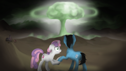 Size: 1024x576 | Tagged: safe, artist:teschke, sweetie belle, oc, pony, unicorn, fallout equestria, balefire bomb, barn, crying, cutie mark, explosion, fanfic, fanfic art, female, floppy ears, hooves, horn, male, mare, megaspell, megaspell explosion, mushroom cloud, nuclear explosion, open mouth, stallion, sweet apple acres