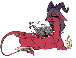 Size: 1158x881 | Tagged: safe, artist:nobody, oc, oc only, demon, succubus, book, coffee mug, magic, prone, reading, solo, telekinesis