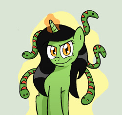 Size: 400x376 | Tagged: safe, artist:manulis, gorgon, medusa, pony, unicorn, evil grin, female, glowing horn, looking at you, mare, ponified, smiling, solo