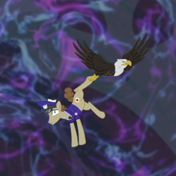 Size: 500x500 | Tagged: safe, edit, edited screencap, screencap, post haste, bald eagle, eagle, earth pony, pony, make new friends but keep discord, cropped, male, stallion, that friggen eagle, the discord zone