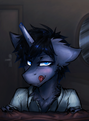 Size: 1000x1361 | Tagged: safe, artist:terror--bite, artist:the--cloudsmasher, oc, oc only, oc:razor sharp, anthro, unicorn, anthro oc, bedroom eyes, licking, licking lips, male, solo, tongue out