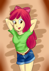 Size: 2248x3264 | Tagged: safe, artist:horsecat, apple bloom, equestria girls, arm behind head, belly button, clothes, jeans, older, pants, shirt, shorts, solo