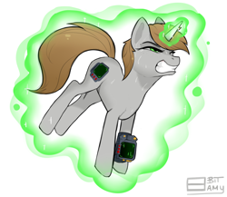 Size: 1294x1122 | Tagged: safe, artist:8bitamy, oc, oc only, oc:littlepip, pony, unicorn, fallout equestria, faic, fanfic, fanfic art, female, freckles, glowing horn, hooves, horn, levitation, magic, mare, pipbuck, self-levitation, simple background, solo, sweat, teeth, telekinesis, white background