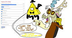 Size: 2048x1104 | Tagged: safe, discord, bill cipher, fandom war, gravity falls, poll, rivalry