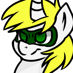 Size: 1250x1250 | Tagged: safe, oc, oc only, oc:dizzy down, pony, unicorn, curved horn, glare, mask, simple background, smirk, solo, superhero, swirly eyes, transparent background