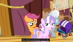 Size: 606x347 | Tagged: safe, screencap, diamond tiara, scootaloo, silver spoon, flight to the finish, helmet, hub logo, meme, scooter, youtube caption