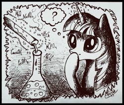 Size: 1595x1353 | Tagged: safe, artist:katesmith2001, twilight sparkle, chemistry, flask, monochrome, question mark, science, solo, thinking, thought bubble