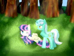 Size: 2592x1944 | Tagged: safe, artist:alexander56910, bon bon, lyra heartstrings, sweetie drops, bedroom eyes, blushing, blushing profusely, chest fluff, female, forest, lesbian, lyrabon, one eye closed, shipping