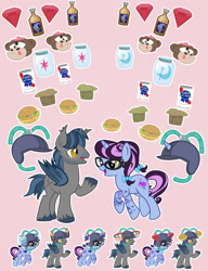 Size: 1846x2400 | Tagged: safe, artist:pixelkitties, oc, oc only, oc:pixelkitties, oc:sharpie fume, bat pony, pony, arrogant trixie ale, baked bads, burger, chilled monkey brain, drinking hat, food, hat, hay burger, jewel, national beer day, pabst blue ribbon