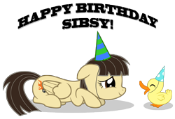 Size: 8192x5600 | Tagged: safe, artist:thatguy1945, wild fire, bird, duck, pegasus, pony, absurd resolution, birthday, cute, duckling, duo, female, floppy ears, happy birthday, hat, mare, party hat, ponysona, prone, sibsy, simple background, smiling, solo, that pony sure does love ducks, transparent background, vector