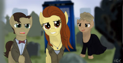 Size: 1682x868 | Tagged: safe, artist:qemma, amy pond, doctor who, eleventh doctor, heroic sacrifice, pawns of rassilon, ponified, redemption, river song, self sacrifice, tearjerker, the angels take manhattan, this will end in tears