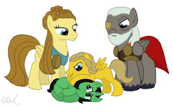 Size: 1366x851 | Tagged: safe, artist:qemma, frigga, loki, marvel, marvel cinematic universe, odin, ponified, thor