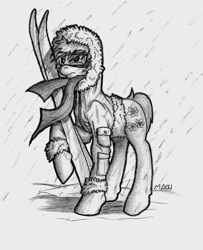 Size: 1002x1236 | Tagged: safe, artist:mach-volt, double diamond, pony, the cutie map, background pony, clothes, jacket, looking away, scarf, skis, solo, winter, winter is coming