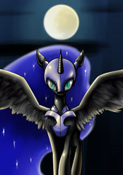 Size: 1748x2480 | Tagged: safe, artist:unousaya, nightmare moon, looking at you, moon, solo, spread wings