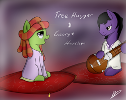 Size: 2203x1738 | Tagged: safe, artist:neighday, tree hugger, make new friends but keep discord, george harrison, pillow, sitar