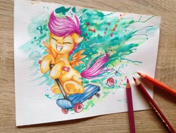 Size: 3264x2448 | Tagged: safe, artist:yellowrobin, scootaloo, pegasus, pony, scooter, screw (object), solo, traditional art, underhoof