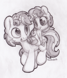 Size: 1903x2190 | Tagged: safe, artist:bobdude0, sweetie belle, oc, oc:gyro tech, unicorn, monochrome, traditional art