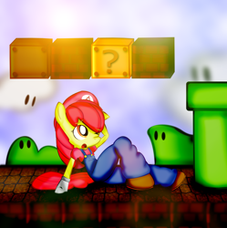 Size: 1700x1708 | Tagged: safe, artist:midnightmint-1, apple bloom, semi-anthro, ? block, crossover, mario, nintendo, solo, super mario bros.