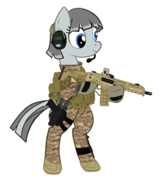 Size: 1084x1173 | Tagged: safe, artist:orang111, oc, oc only, oc:chrome berry, pony, adaptive combat rifle, assault rifle, bipedal, bushmaster acr, camouflage, clothes, digital camouflage, eotech, gun, headset, magpul masada, military, military uniform, simple background, solo, transparent background, uniform