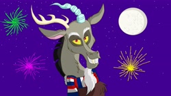 Size: 5312x2988 | Tagged: safe, artist:fiona brown, discord, 4th of july, clothes, fireworks, looking at you, moon, scarf