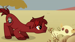 Size: 2772x1543 | Tagged: safe, artist:topas-art, oc, oc only, oc:charred remnant, buffalo, earth pony, pony, cow skull, crouching, cutie mark, dead, desert, freckles, male, skull, solo, stallion