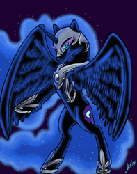 Size: 1024x1300 | Tagged: safe, artist:xxmarkingxx, nightmare moon, pony, bipedal, fangs, solo, spread wings